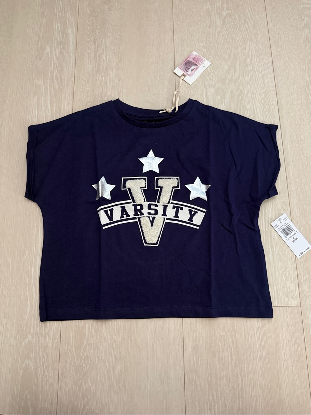 Jessica Simpson Navy Graphic Varsity Tee with Silver Stars